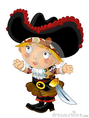 Happy smiling cartoon medieval pirate woman standing smiling with sword on white background Cartoon Illustration