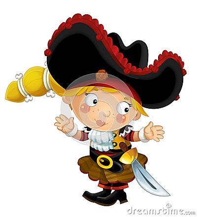 Happy smiling cartoon medieval pirate woman standing smiling with sword on white background - illustration Cartoon Illustration