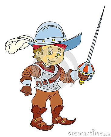 Happy smiling cartoon medieval spanish knight or soldier standing with sword Cartoon Illustration