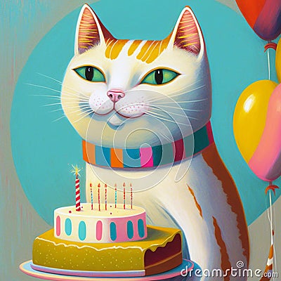 A smiling white cat with birthday cake, candles and balloons Stock Photo