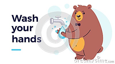 Happy smiling character washing hands under running water. Prevention measures for kids against virus and infection. Flat cartoon Vector Illustration