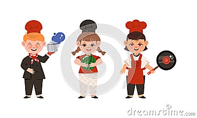 Happy smiling children chefs in uniform set cartoon vector illustration Vector Illustration