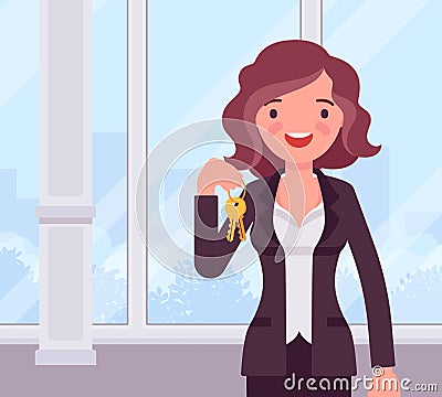 Happy smiling commercial real estate sale broker, female leasing agent Vector Illustration