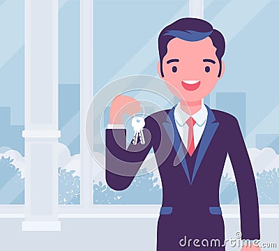 Happy smiling commercial real estate sale broker, male leasing agent Vector Illustration