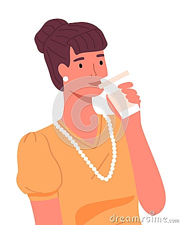 Smiling confident woman with hairstyle, wearing accessories, drinking tea or coffee from paper cup Vector Illustration