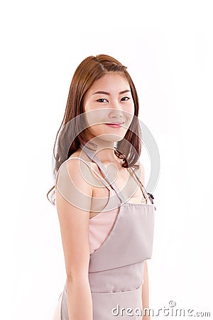 happy, smiling cooking woman with apron isolated on white background Stock Photo