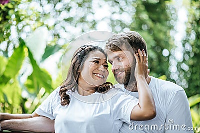 Happy Smiling Couple diversity in love moment Stock Photo