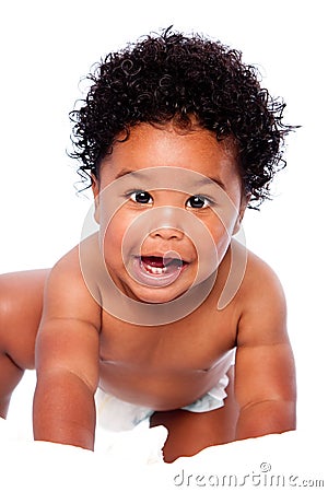 Happy smiling cute adorable baby crawling Stock Photo