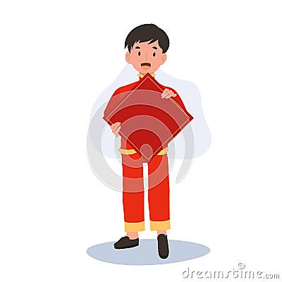 Happy Smiling cute little Child in Chinese Oriental Dress with square Red Paper Vector Illustration