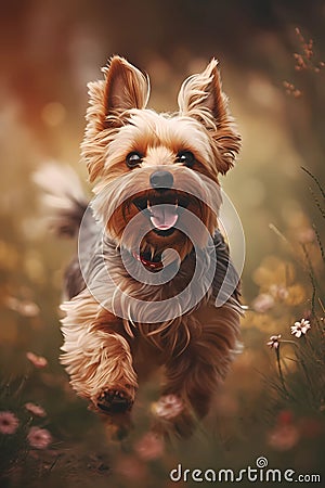 Happy smiling dog, running on through a field of grasses and wildflowers on a sunny Spring day Stock Photo