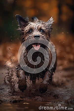 Happy smiling dog, very wet and muddy, running towards the camera, autumn, fall Stock Photo