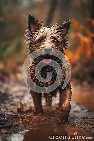 Happy smiling dog, very wet and muddy, running towards the camera, autumn, fall Stock Photo