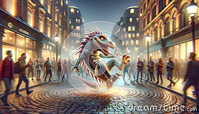 Funny dragon dance in the street, people around it Stock Photo