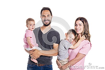 Happy smiling family of four isolated on white background Stock Photo