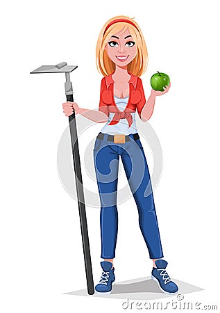 Happy smiling farm girl hoe and apple Vector Illustration