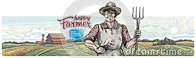 Happy and smiling farmer with a pitchfork, against the agricultural landscape Vector Illustration