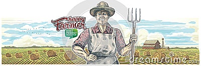 Happy and smiling farmer with a pitchfork in his hands. Vector Illustration