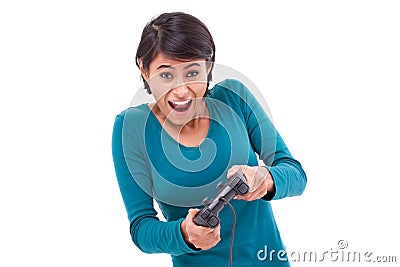 Happy, smiling female gamer Stock Photo