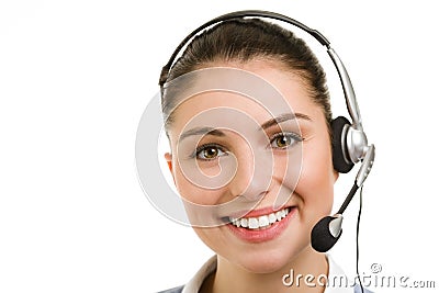 Happy smiling female support phone operator Stock Photo