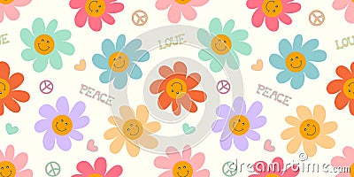 Happy flower face pattern. 70s retro hippie groovy background Stock Photo