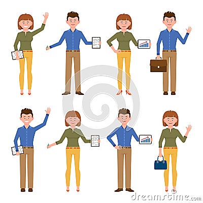 Happy, smiling, friendly blue shirt office worker man and yellow pants woman vector illustration cartoon character Vector Illustration