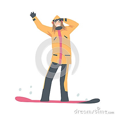 Happy Smiling Girl Snowboarding, Snowboarder Character Dressed in Winter Clothing, Extreme Sport Activities, Winter Vector Illustration