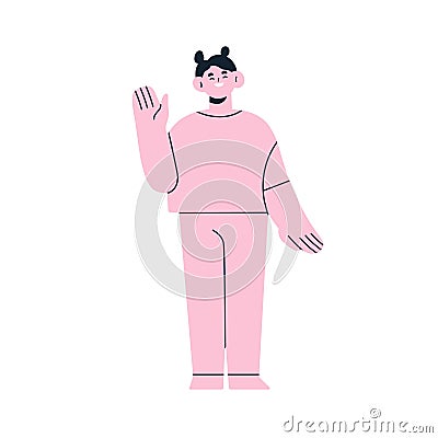 Happy smiling girl waving with hand, greeting with hi gesture. Abstract young excited friendly female character standing Vector Illustration