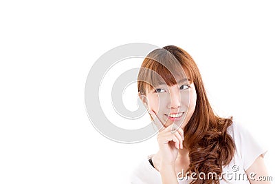 Happy, smiling, glad woman looking up Stock Photo