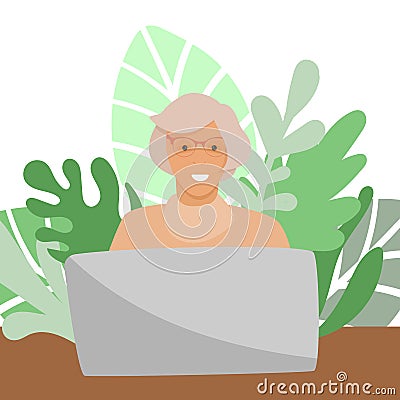 Happy smiling grandma working with grey laptop Vector Illustration