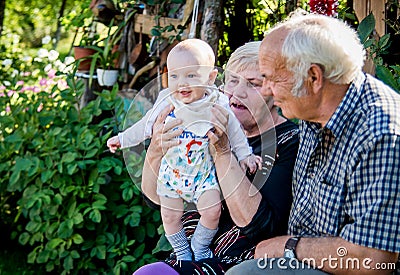 Happy family, Grandmother and Grandfather holding their little boy grandchild Stock Photo