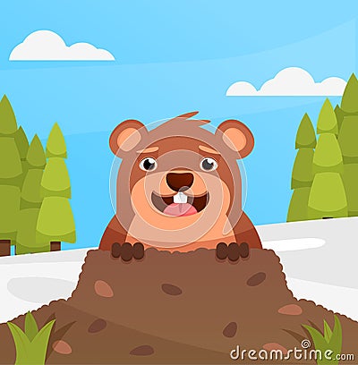 Happy smiling groundhog on greetings card. spring or winter. flat illustration. cartoon drawing, Vector Illustration