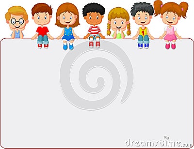 Happy smiling group of kids cartoon showing blank placard board Vector Illustration