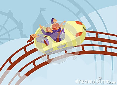 Happy smiling guys, girl ride roller coaster in amusement park, enjoy vacation Vector Illustration