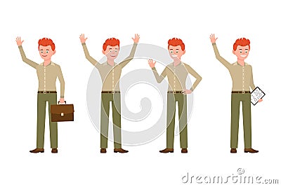 Happy, smiling, red hair office man in green pants vector illustration. Waving, saying hello, hands up, standing boy character Vector Illustration