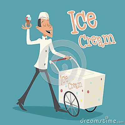 Happy Smiling Ice Cream Seller with Cart Retro Vector Illustration