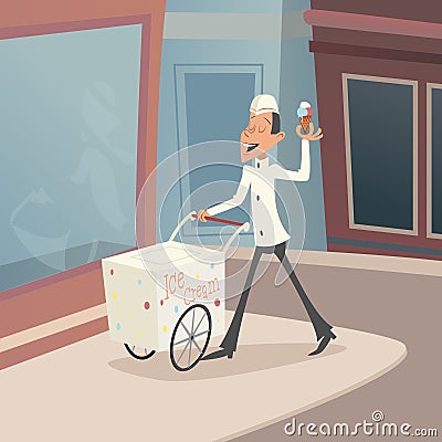 Happy Smiling Ice Cream Seller with Cart on street Vector Illustration