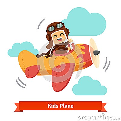 Happy smiling kid flying plane like a real pilot Vector Illustration