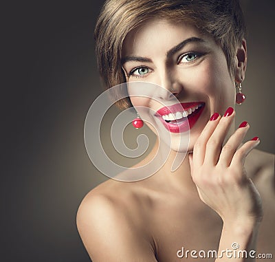 Happy smiling lady with shot brown hair Stock Photo