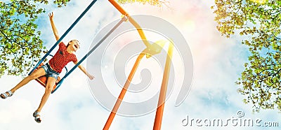 Happy smiling little girl swing on the swing Stock Photo