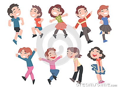 Happy Smiling Little Kids Set, Cute Preschooler Boys and Girls Wearing Casual Clothes Happily Jumping Cartoon Style Vector Illustration