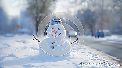 Happy, smiling little snowman on the side of the snowy street in the city on a cold, sunny winter day. Generative AI Stock Photo