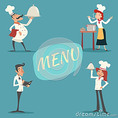 Happy Smiling Male and Female Chief Cook Waiter Vector Illustration