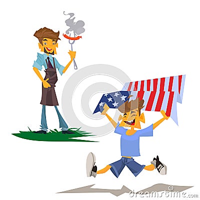 Happy smiling man character barbecuing. Vector flat cartoon illustration Cute little happy boy enjoying and celebrating Vector Illustration