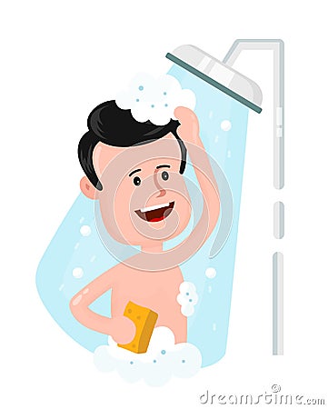 Happy smiling man take shower Vector Illustration