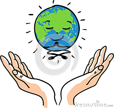 Happy smiling Happy smiling meditating and enlightened earth globe for Happy Earth Day - hand drawn vector illustration Vector Illustration