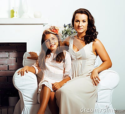 happy smiling mother with little cute daughter at home interior, casual look modern real family, lifestyle people Stock Photo