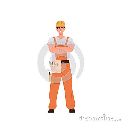 Happy smiling multi-armed young man builder cartoon character wearing overalls with tools on belt Vector Illustration