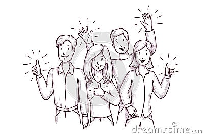 Happy smiling people gesturing thumbs-up sketch Vector Illustration