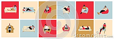 Happy smiling people sitting on sofas, chairs set. Positive relaxed women relaxing. Joyful characters resting, speaking Vector Illustration