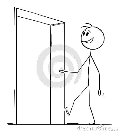 Happy Smiling Person Entering or Leaving Building, Vector Cartoon Stick Figure Illustration Vector Illustration